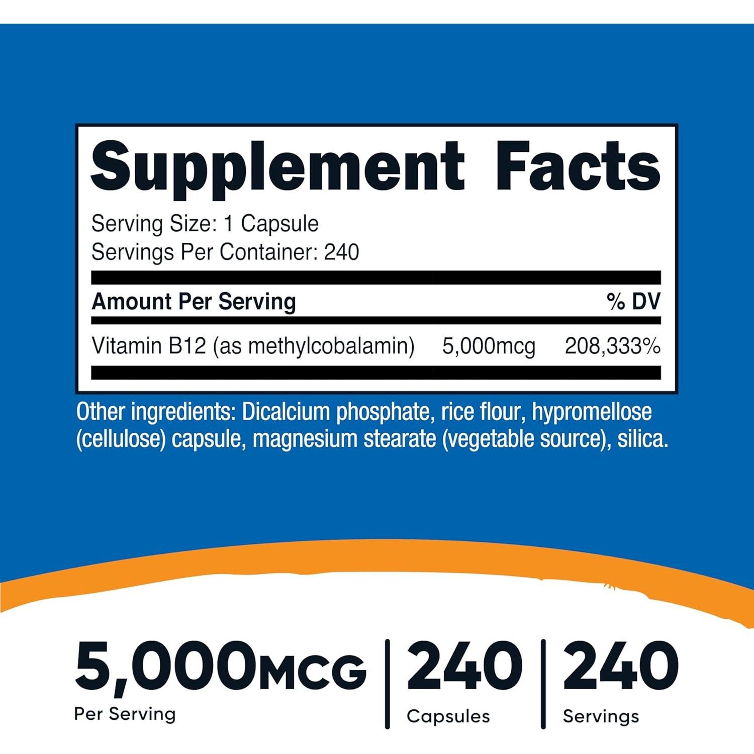 Nutricost Vitamina B12 Metilcobalamina 5000mcg 240 Cápsulas Vegetarianas