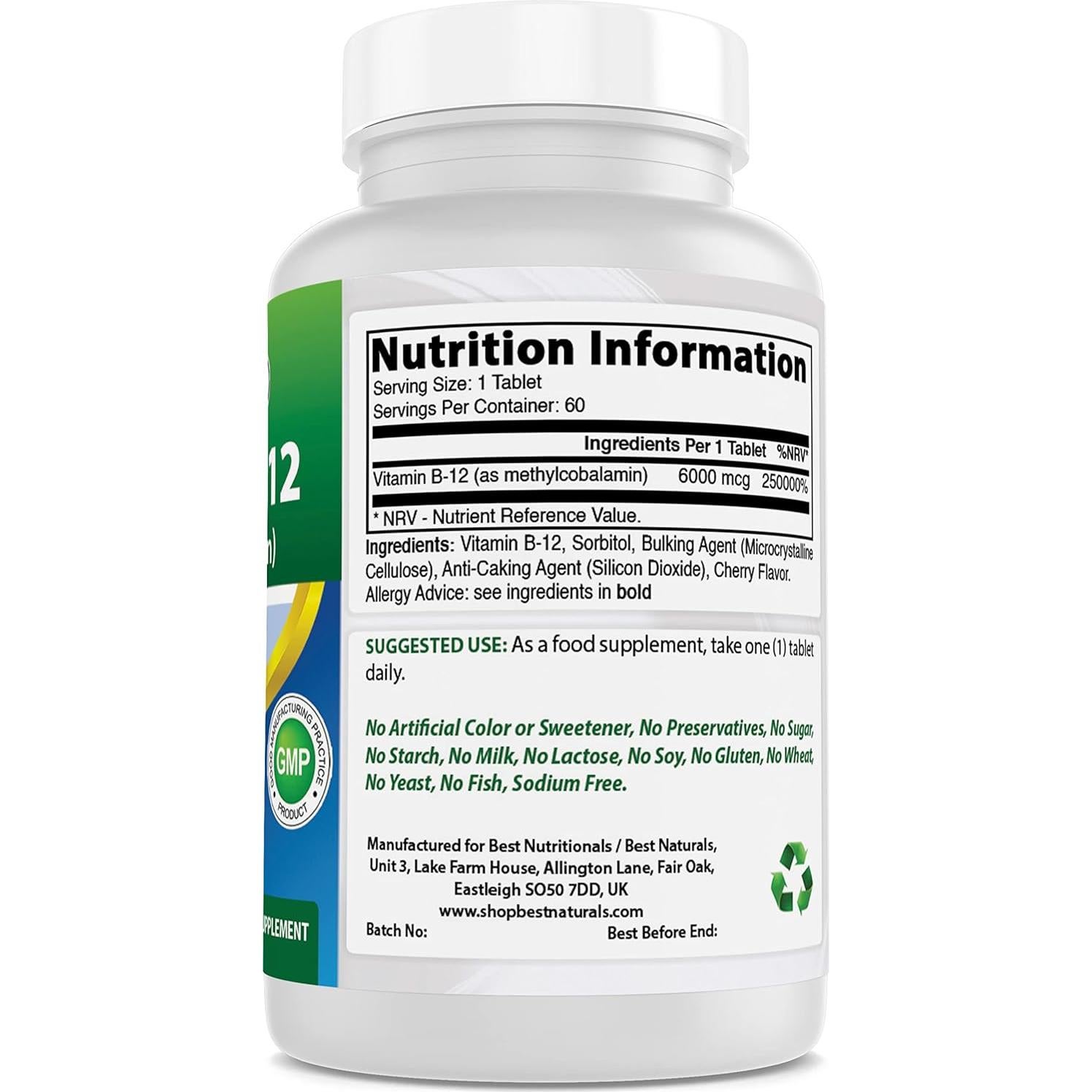 Vitamina B-12 Metilcobalamina 6000 mcg Mejores Naturales 60 Tabletas