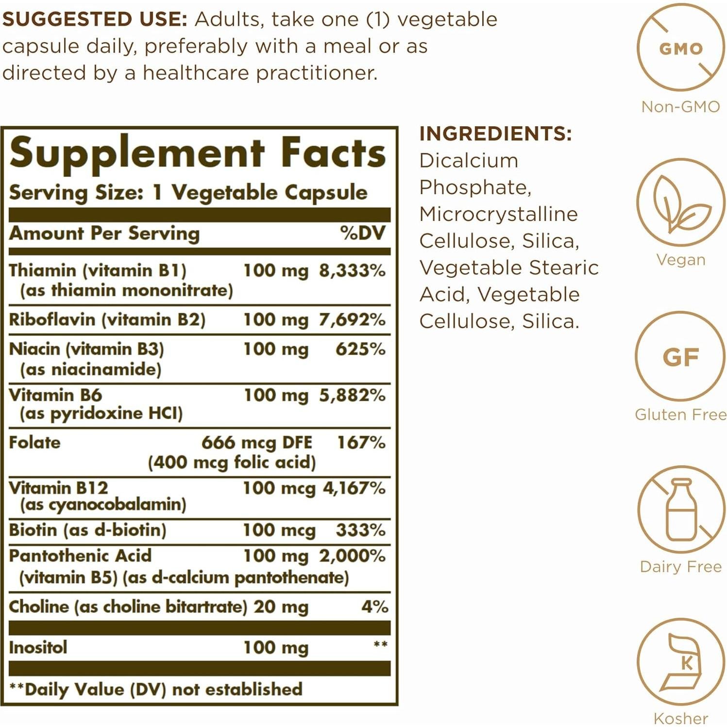 Solgar B-Complejo 100 - 200 Cápsulas Vegetales - Energía y Nervios