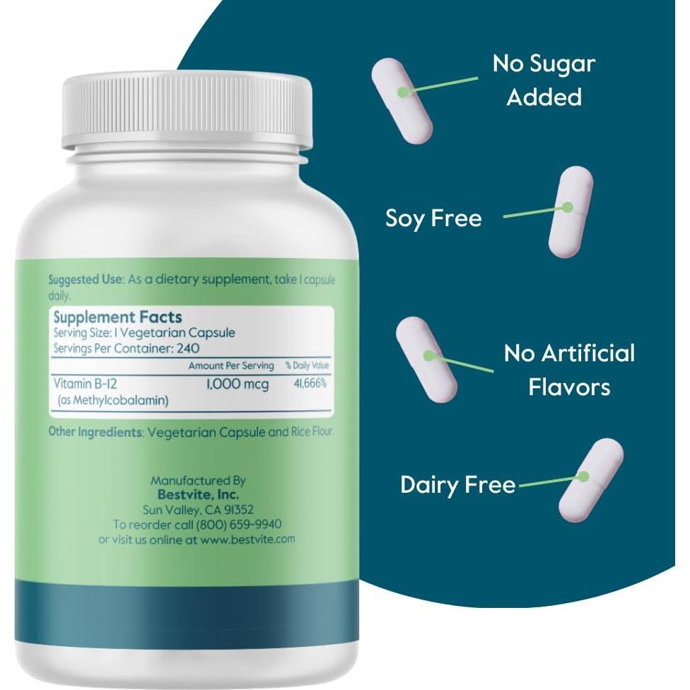 Vitamina B12 Metilcobalamina 1000mcg Bestvite 240 Cápsulas Veganas