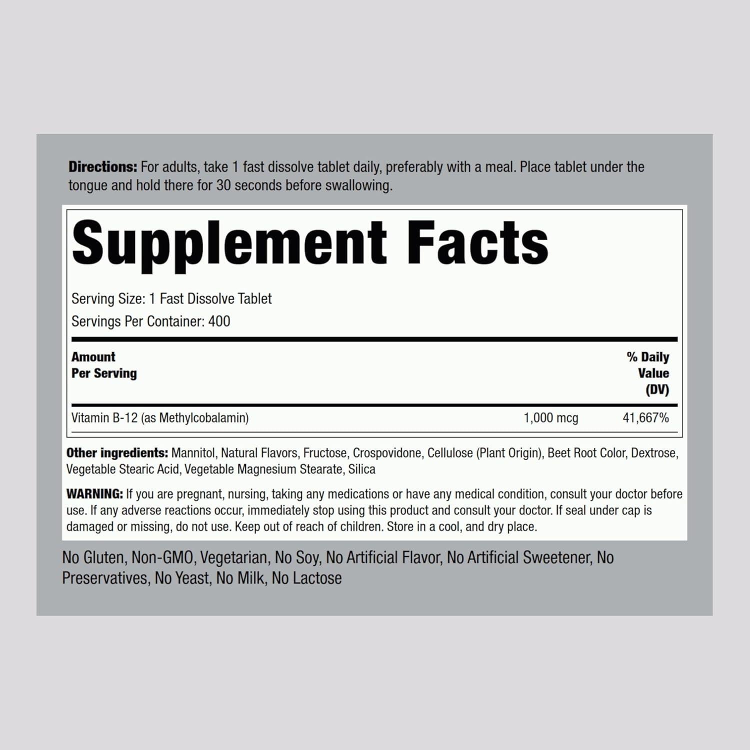 Tabletas Sublinguales de Vitamina B12 Piping Rock 1000 mcg 400 Unidades Sabor a Bayas