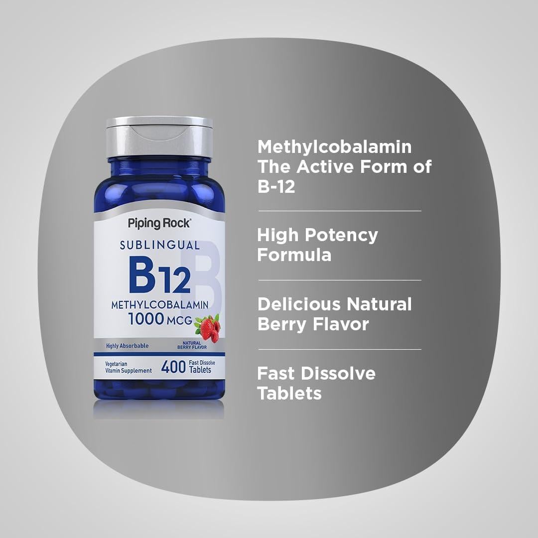 Tabletas Sublinguales de Vitamina B12 Piping Rock 1000 mcg 400 Unidades Sabor a Bayas