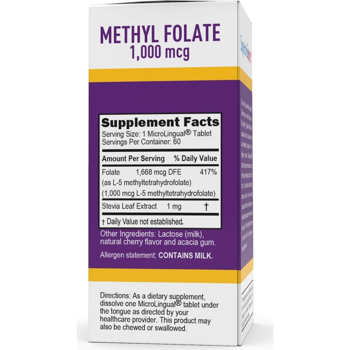 Suplemento de Metilfolato Superior Source 1000 mcg 60 Tabletas