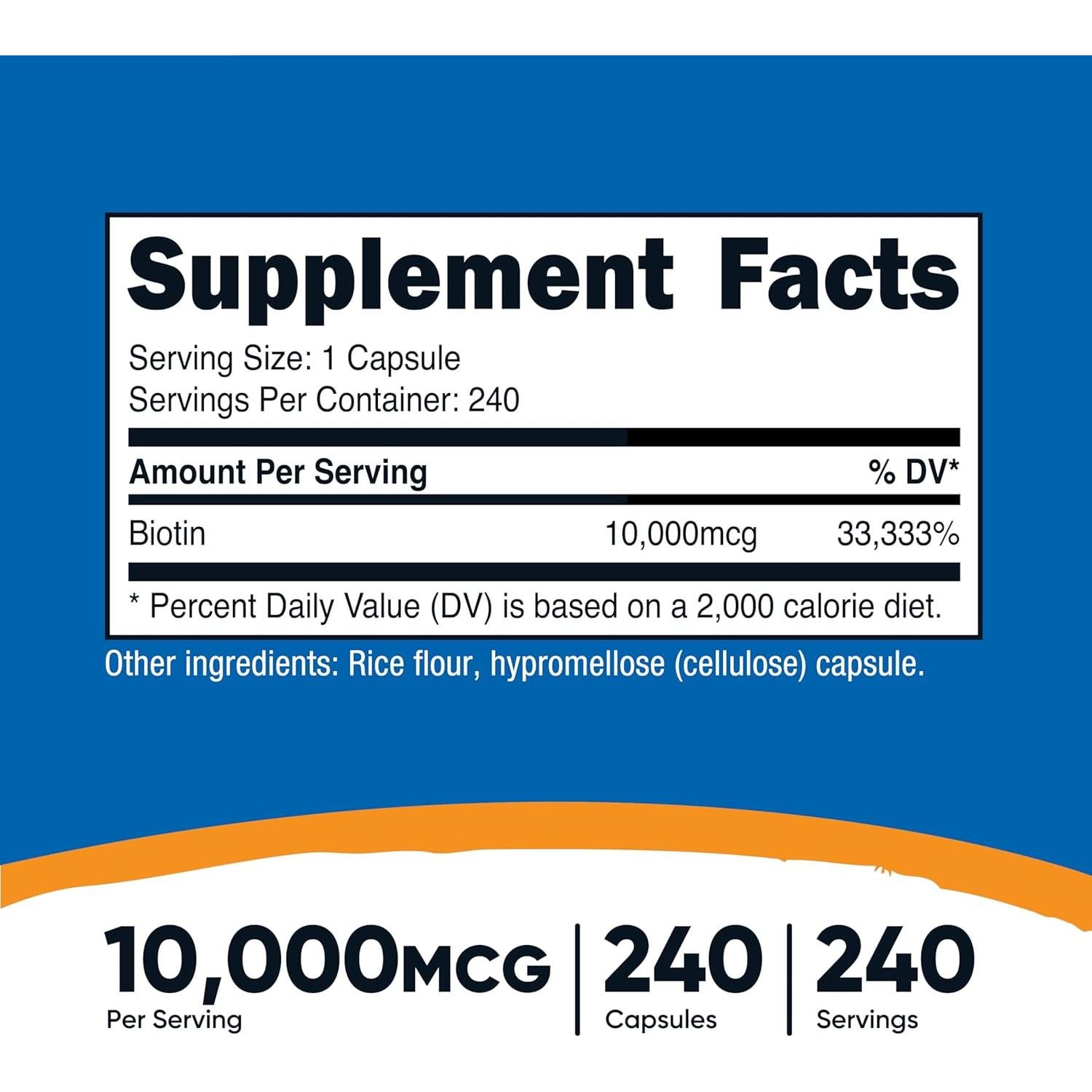 Nutricost Biotina 10,000 mcg - 240 Cápsulas Vegetariano