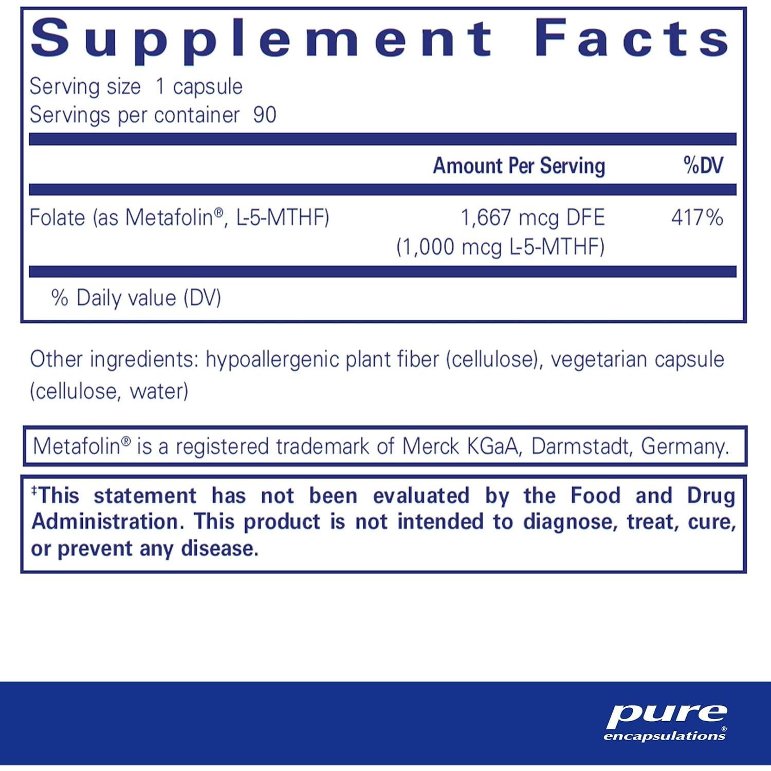 Suplemento de Folato Pure Encapsulations 90 Cápsulas 1000 mcg