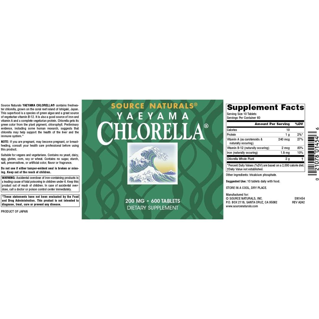 Tabletas de Chlorella Source Naturals 600 unidades 200 mg