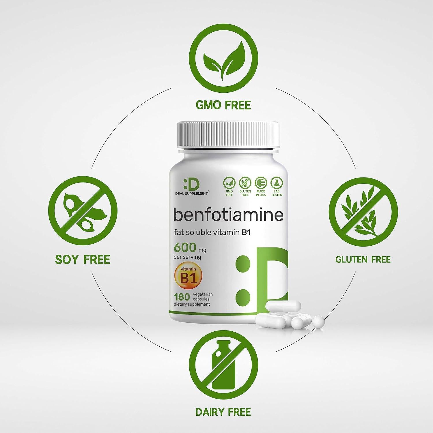 Benfotiamina 600mg - Suplemento Vegano de Vitamina B1 - 180 Cápsulas