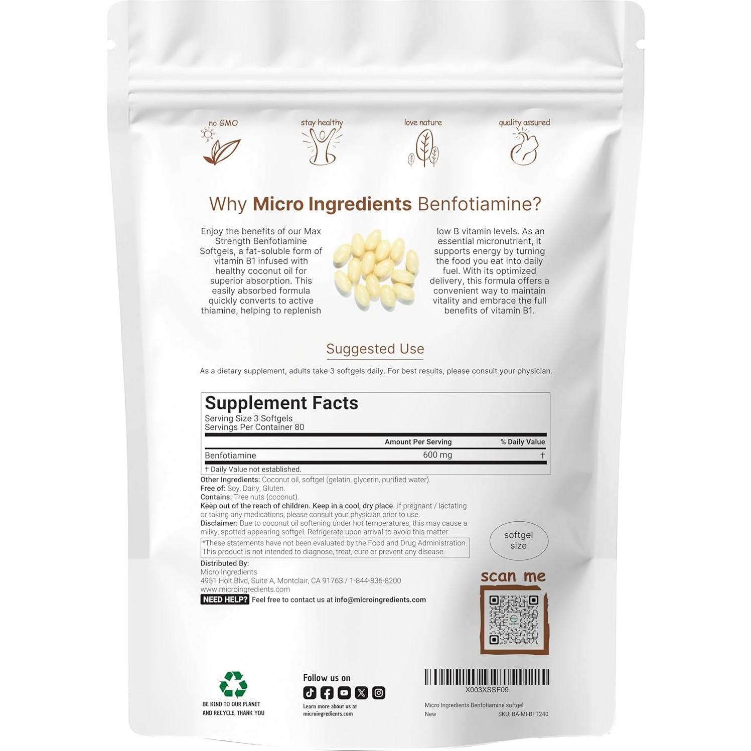 Micro Ingredients Vitamina B1 Benfotiamina 600mg 240 Gelatinas