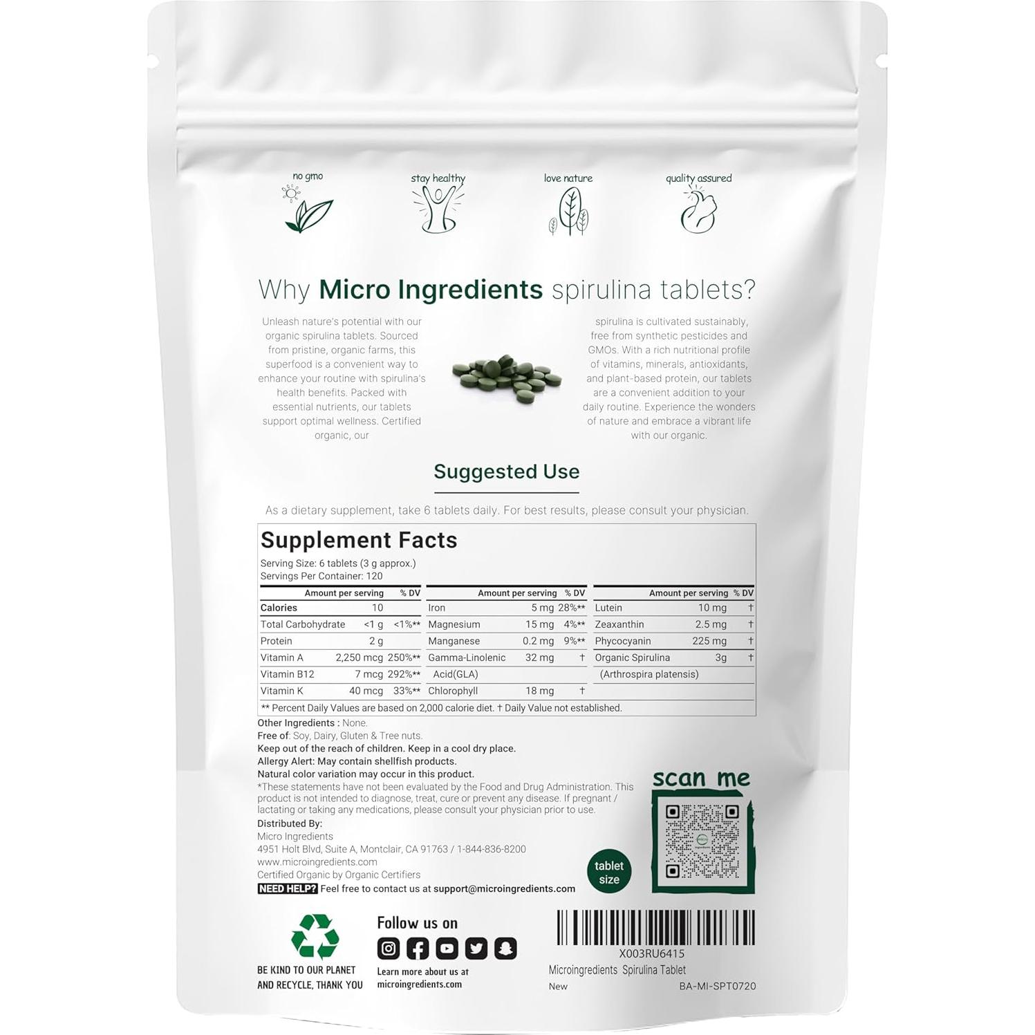 Suplemento Espirulina Orgánica Micro Ingredients 3000mg 720 Tabletas