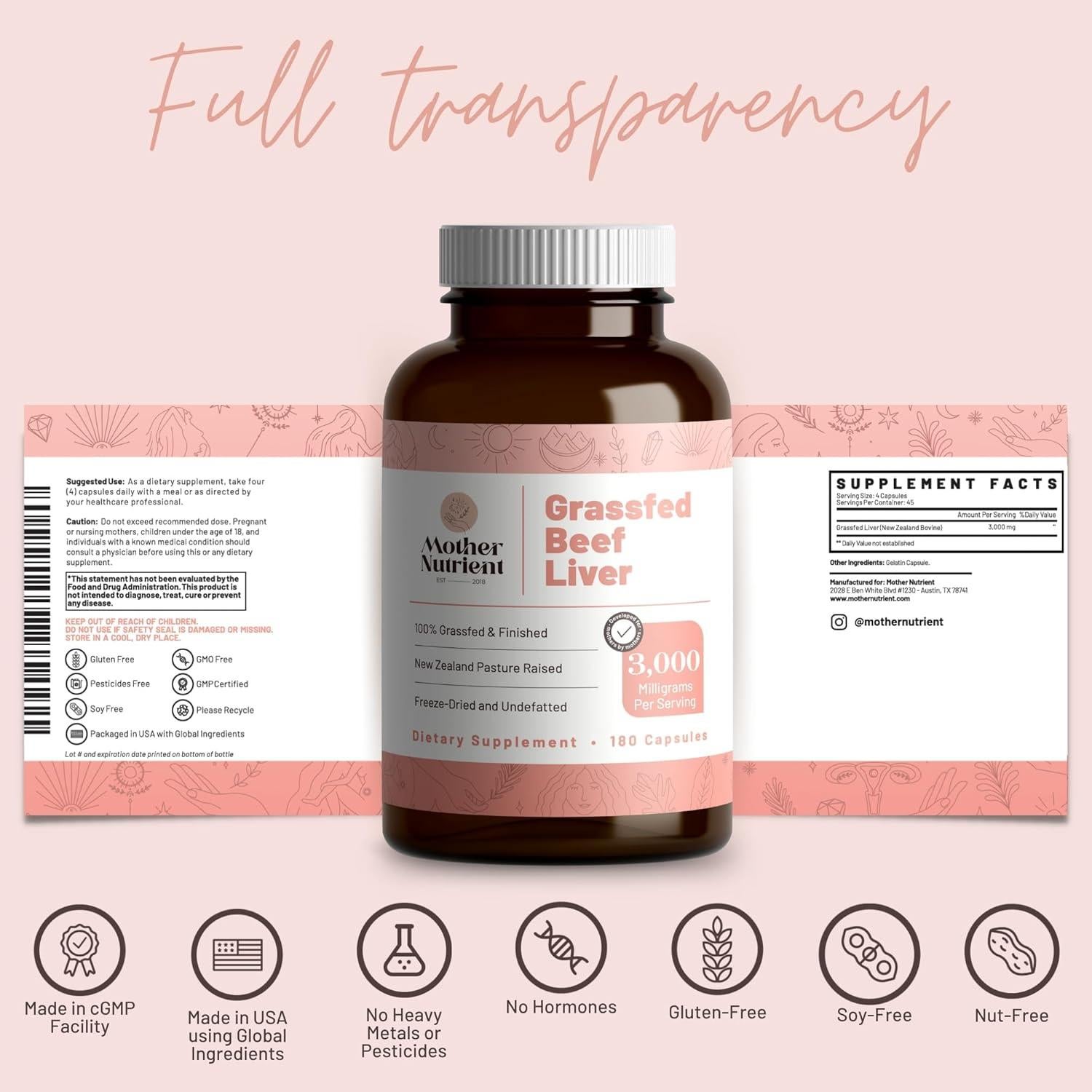 Cápsulas de Hígado de Res Alimentado con Pasto Mother Nutrient - 180 Unidades