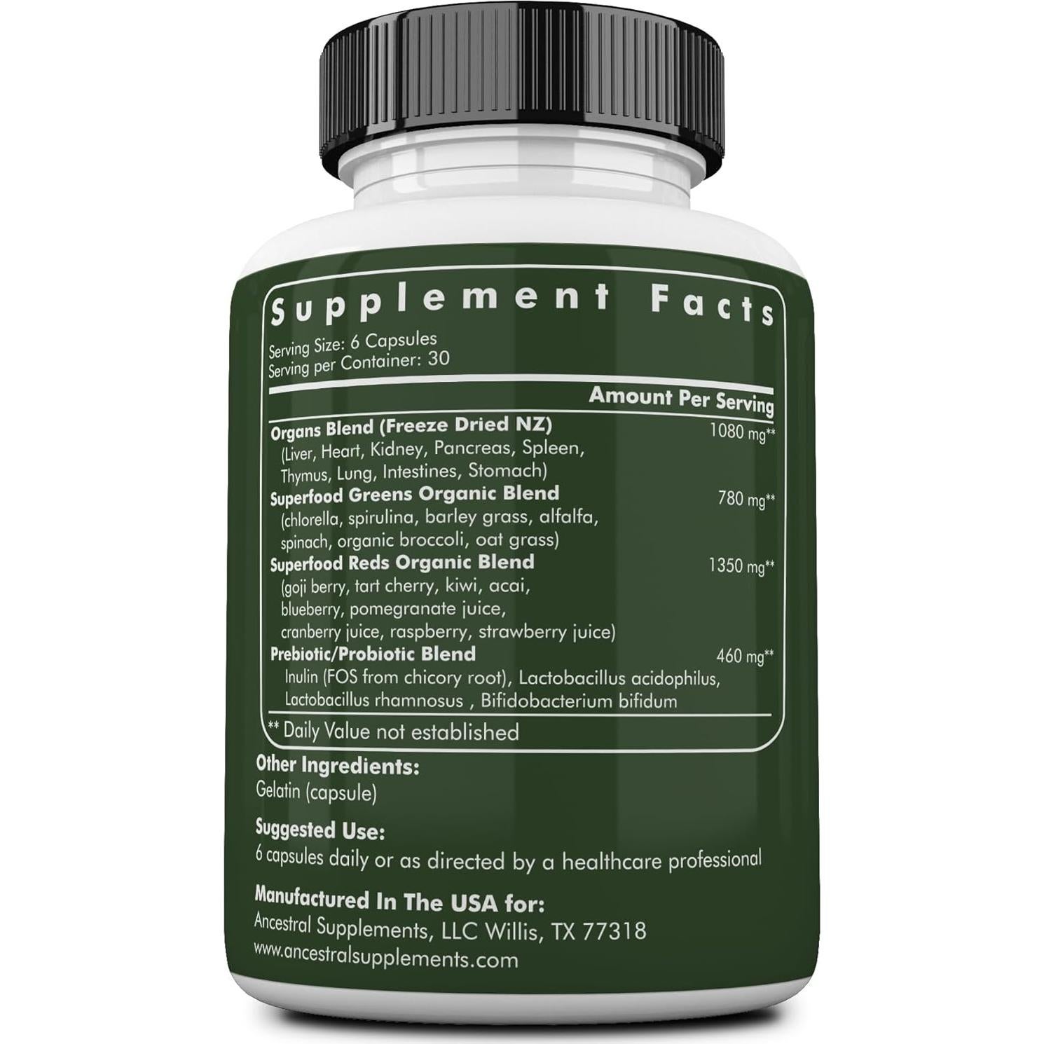 Cápsulas de Polvo de Verduras Suplementos Ancestrales 180 Conteo