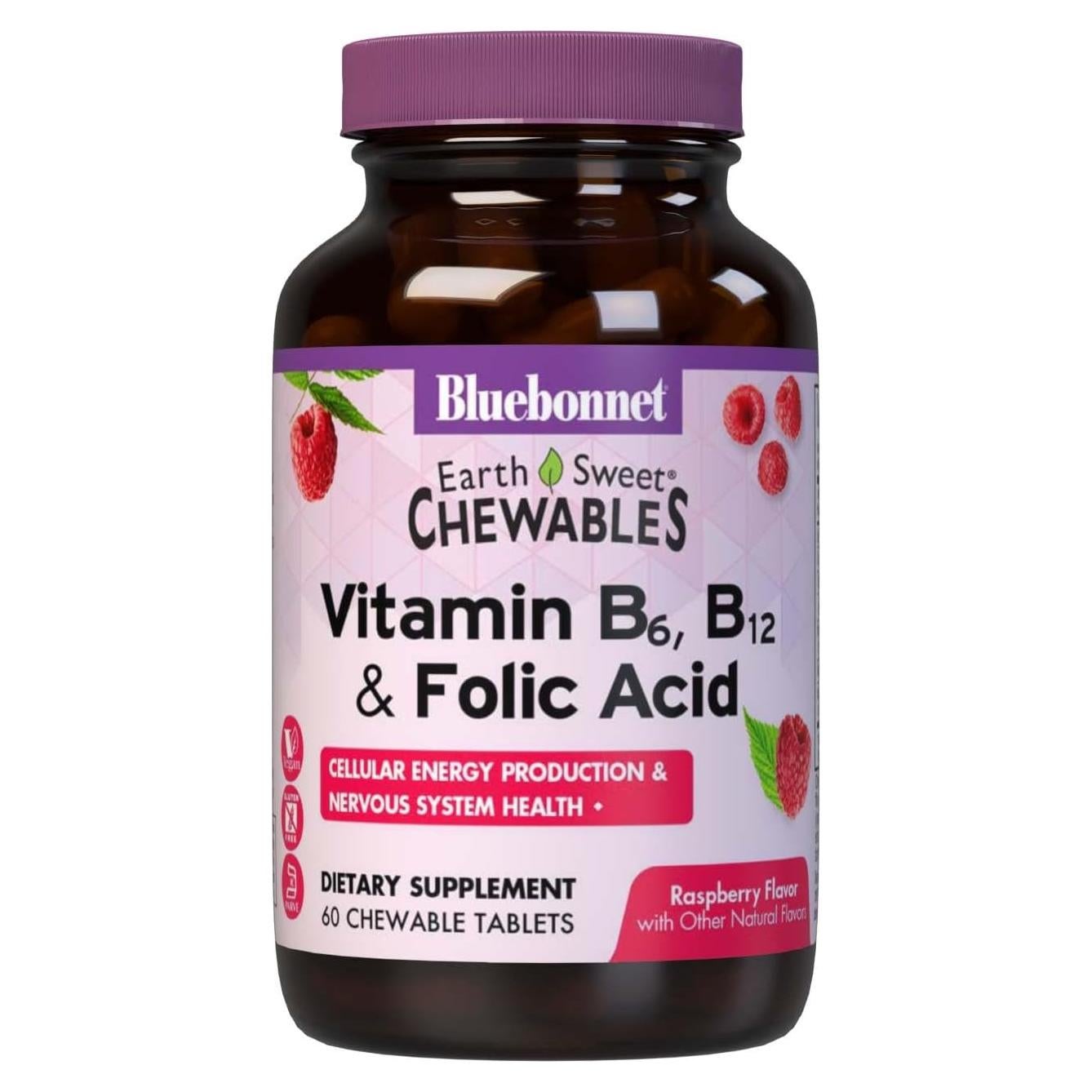 Tabletas Masticables Vitamina B6 B12 Ácido Fólico Bluebonnet 60u