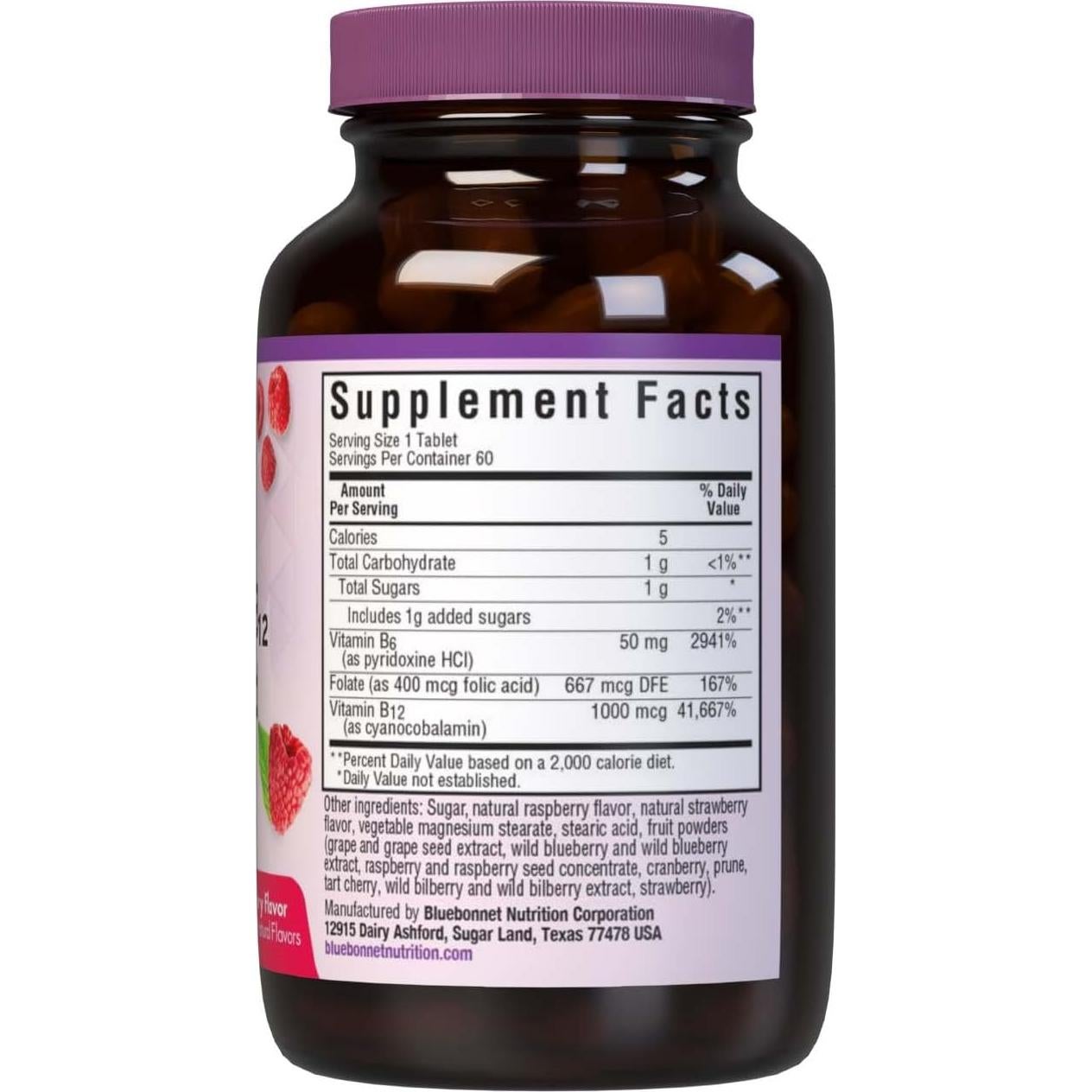 Tabletas Masticables Vitamina B6 B12 Ácido Fólico Bluebonnet 60u