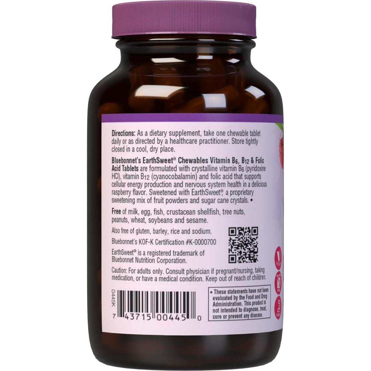 Tabletas Masticables Vitamina B6 B12 Ácido Fólico Bluebonnet 60u