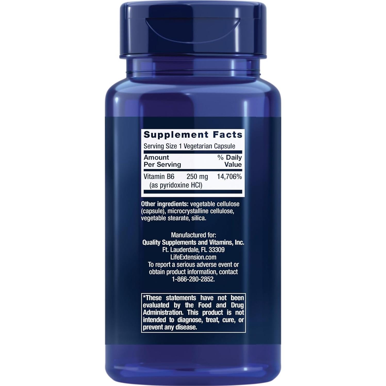 Suplemento de Vitamina B6 Life Extension 250 mg 100 cápsulas