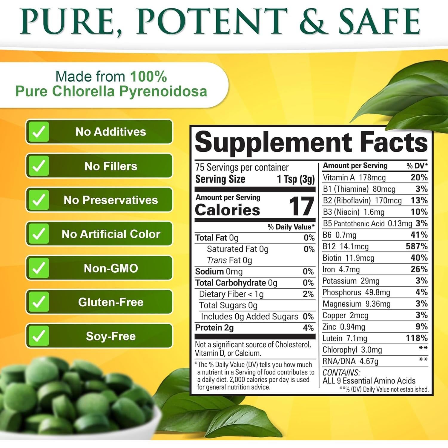 Tabletas de Chlorella Orgánica Sunlit Best 1000 Unidades