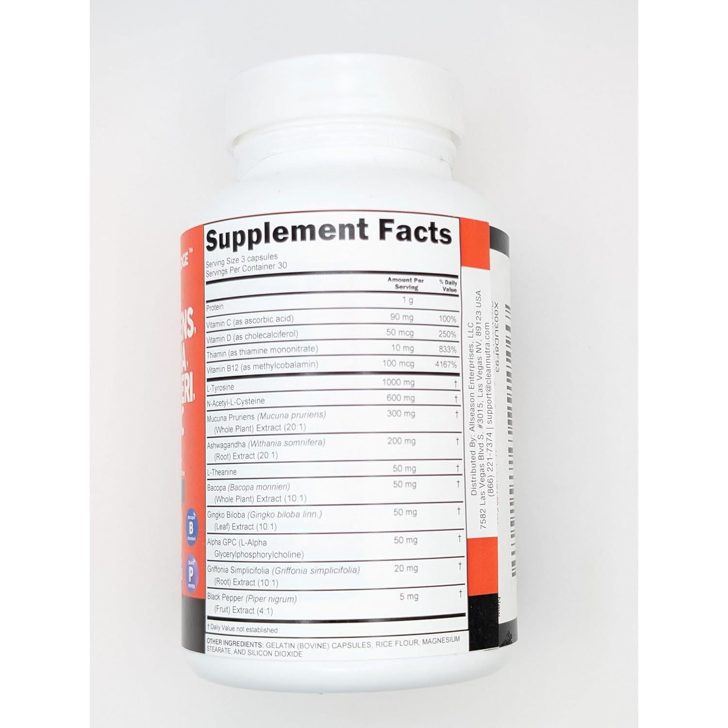 Suplemento Clean Nutraceuticals L-Tirosina 108g Mucuna Bacopa