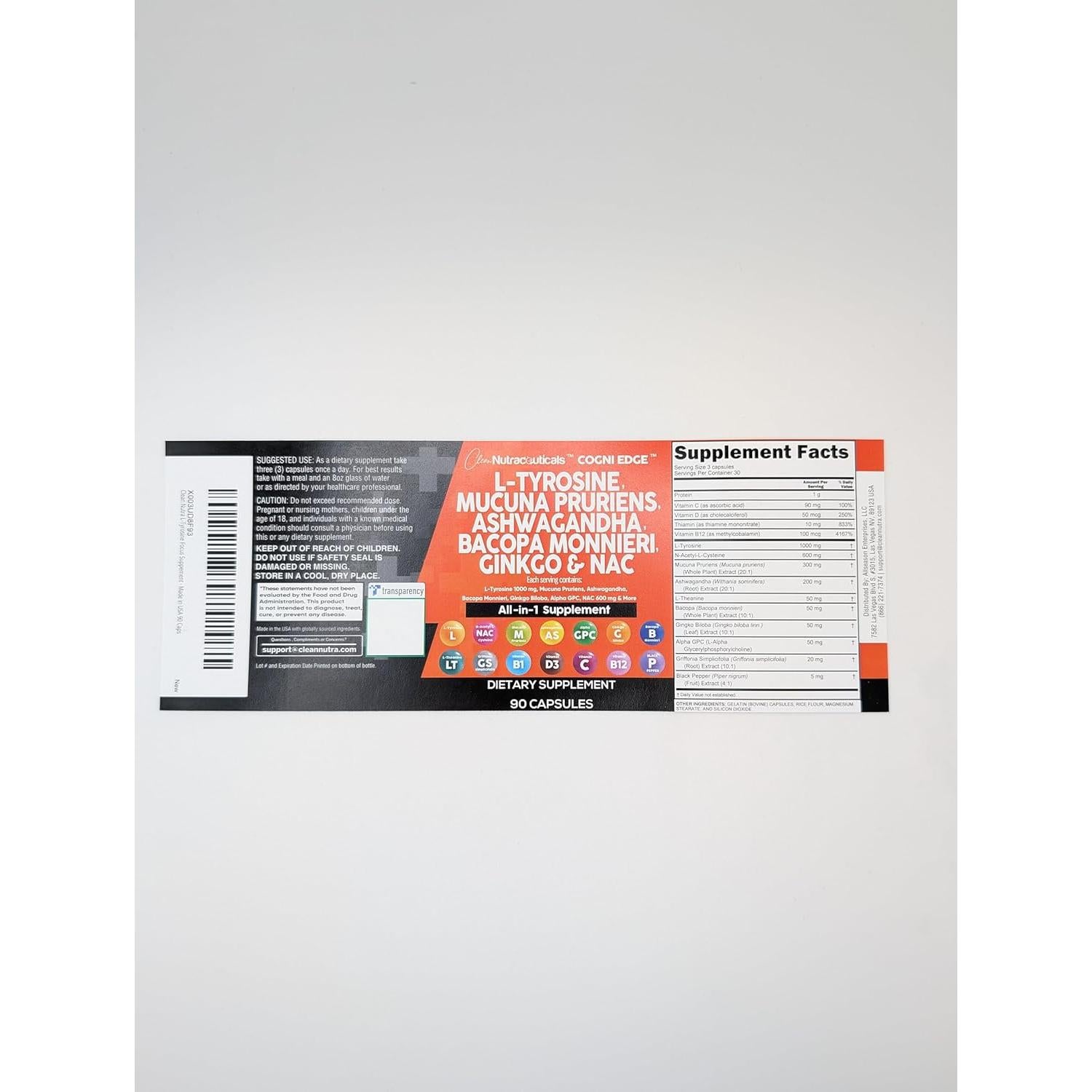 Suplemento Clean Nutraceuticals L-Tirosina 108g Mucuna Bacopa