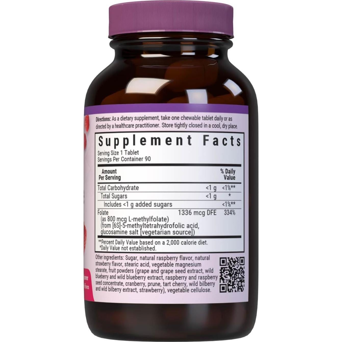 Suplemento L Metilfolato 800 mcg Bluebonnet - 90 Tabletas Masticables