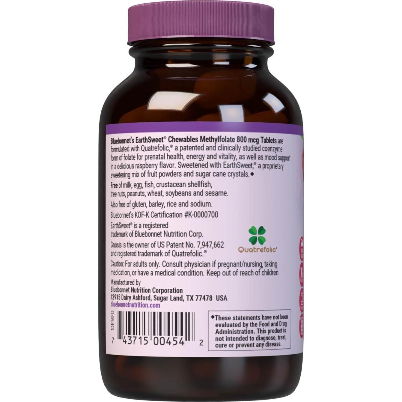 Suplemento L Metilfolato 800 mcg Bluebonnet - 90 Tabletas Masticables