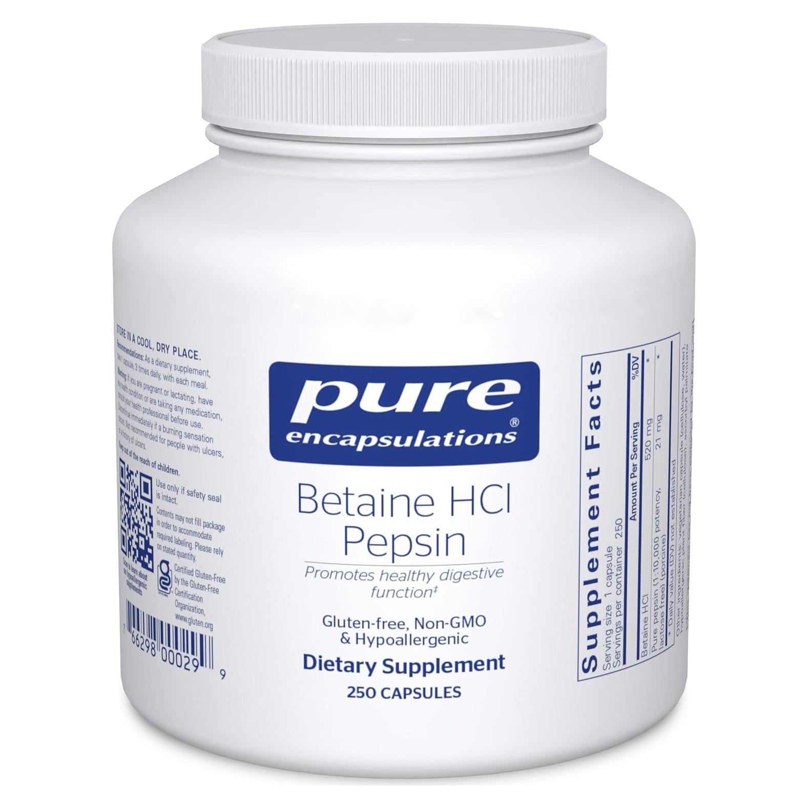 Suplemento Digestivo Betaína HCl Pepsina Pure Encapsulations - 250 Cápsulas