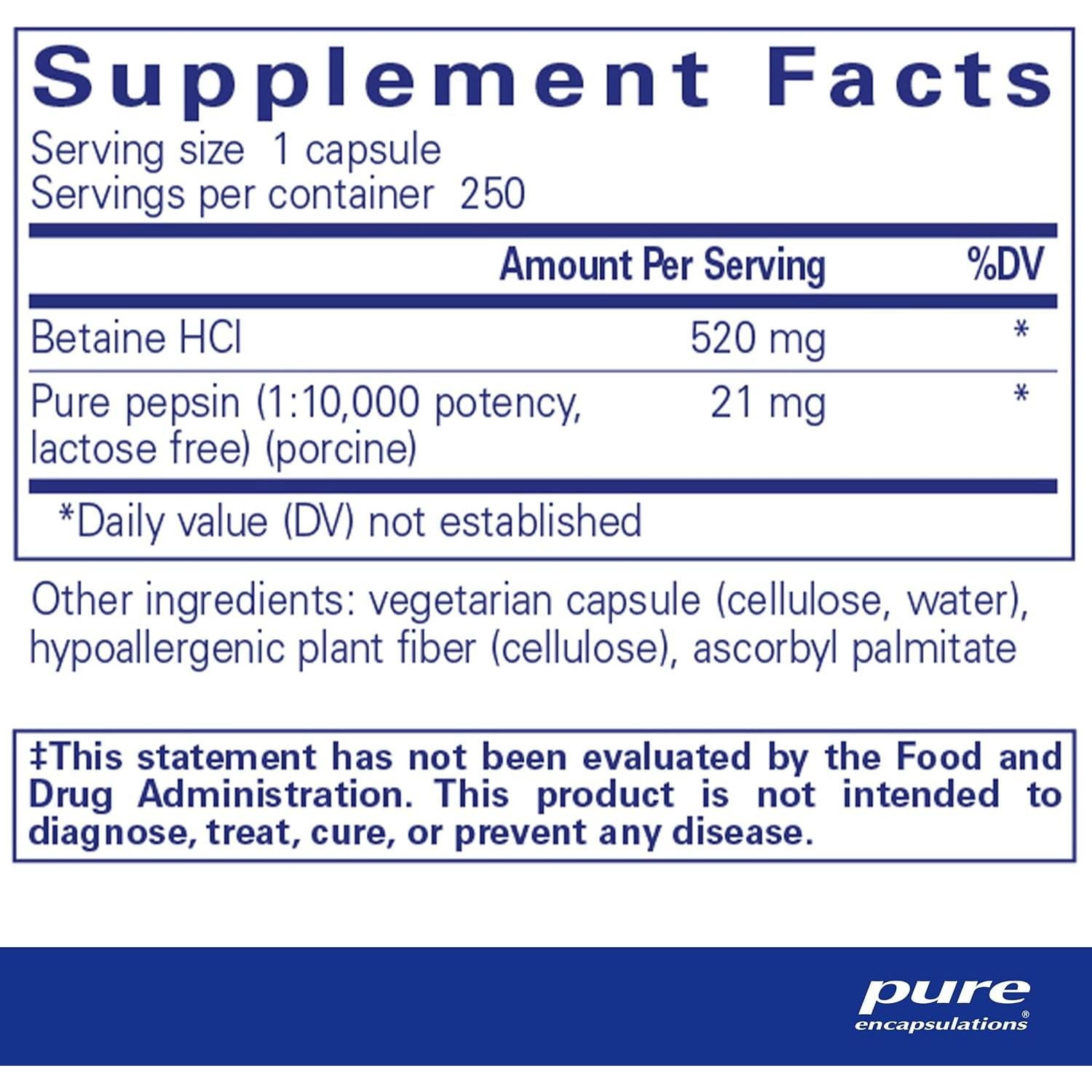 Suplemento Digestivo Betaína HCl Pepsina Pure Encapsulations - 250 Cápsulas