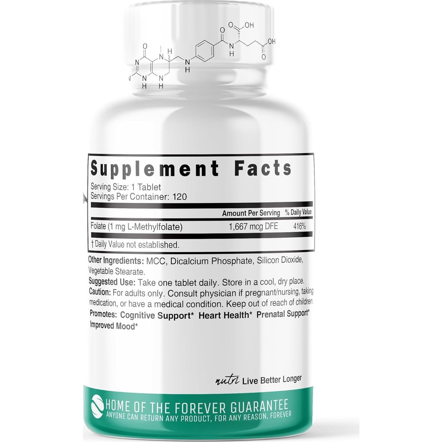 Suplemento de Folato Metilado Nutri 5-MTHF 1MG 120 Tabletas Veganas