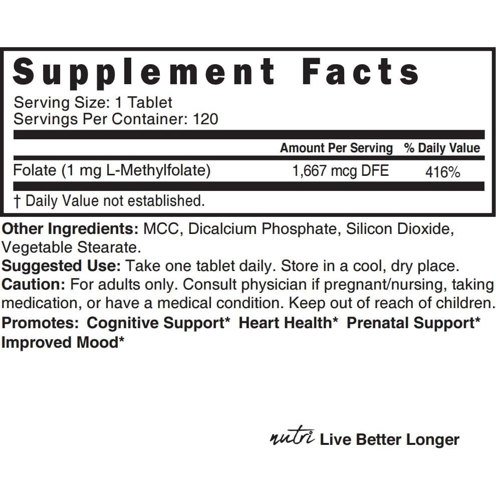 Suplemento de Folato Metilado Nutri 5-MTHF 1MG 120 Tabletas Veganas