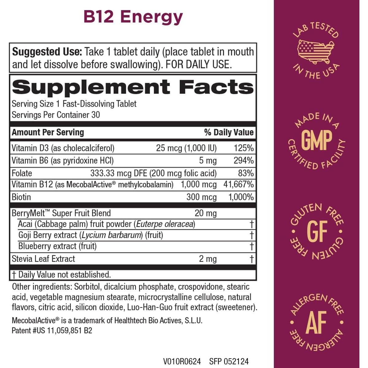 Tabletas Derretibles B12 Purity Products Limón Frambuesa 30 Unidades