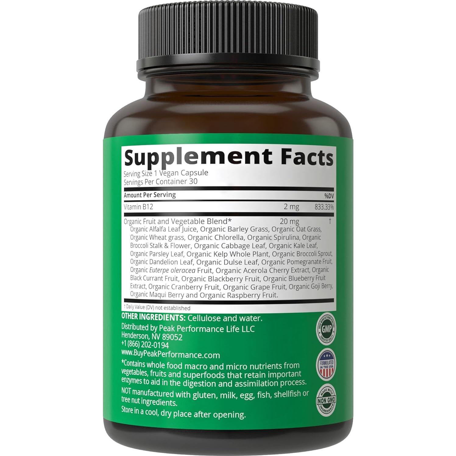 Vitamina B12 Metil Vegana Peak Performance 30 Cápsulas