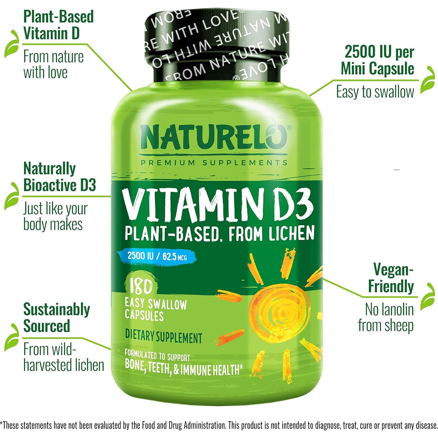 NATURELO Vitamina D3 Vegana 180 Cápsulas + B12 90 Cápsulas