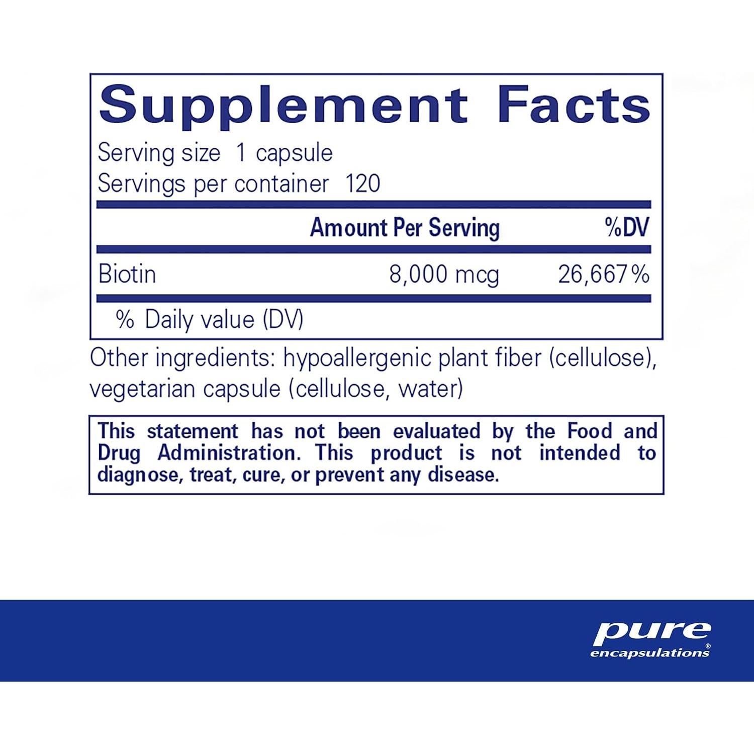 Suplemento de Biotina 8 mg Pure Encapsulations - 120 Cápsulas
