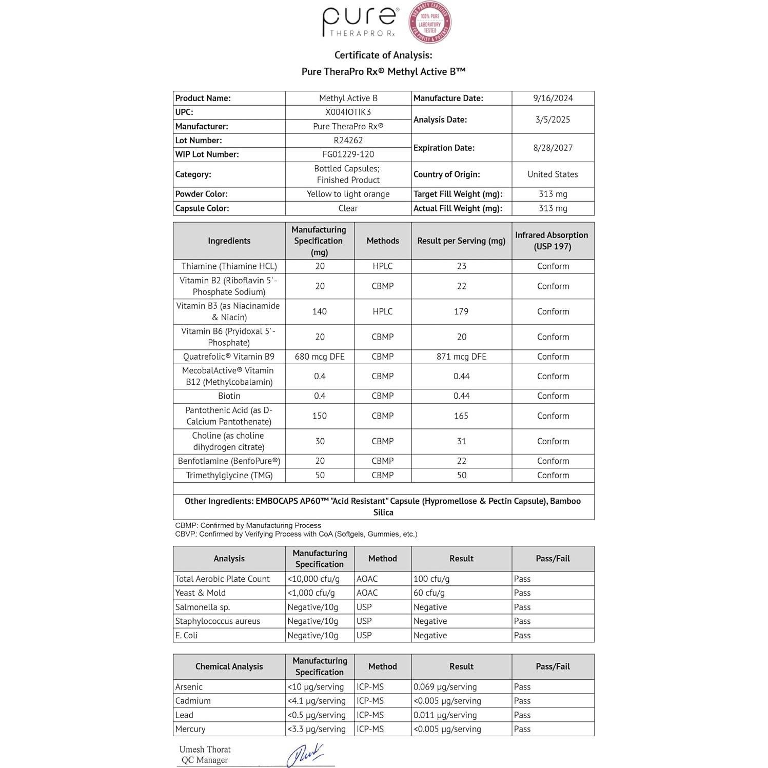 Vitaminas B Metiladas Pure TheraPro Rx 60 Cápsulas Veganas