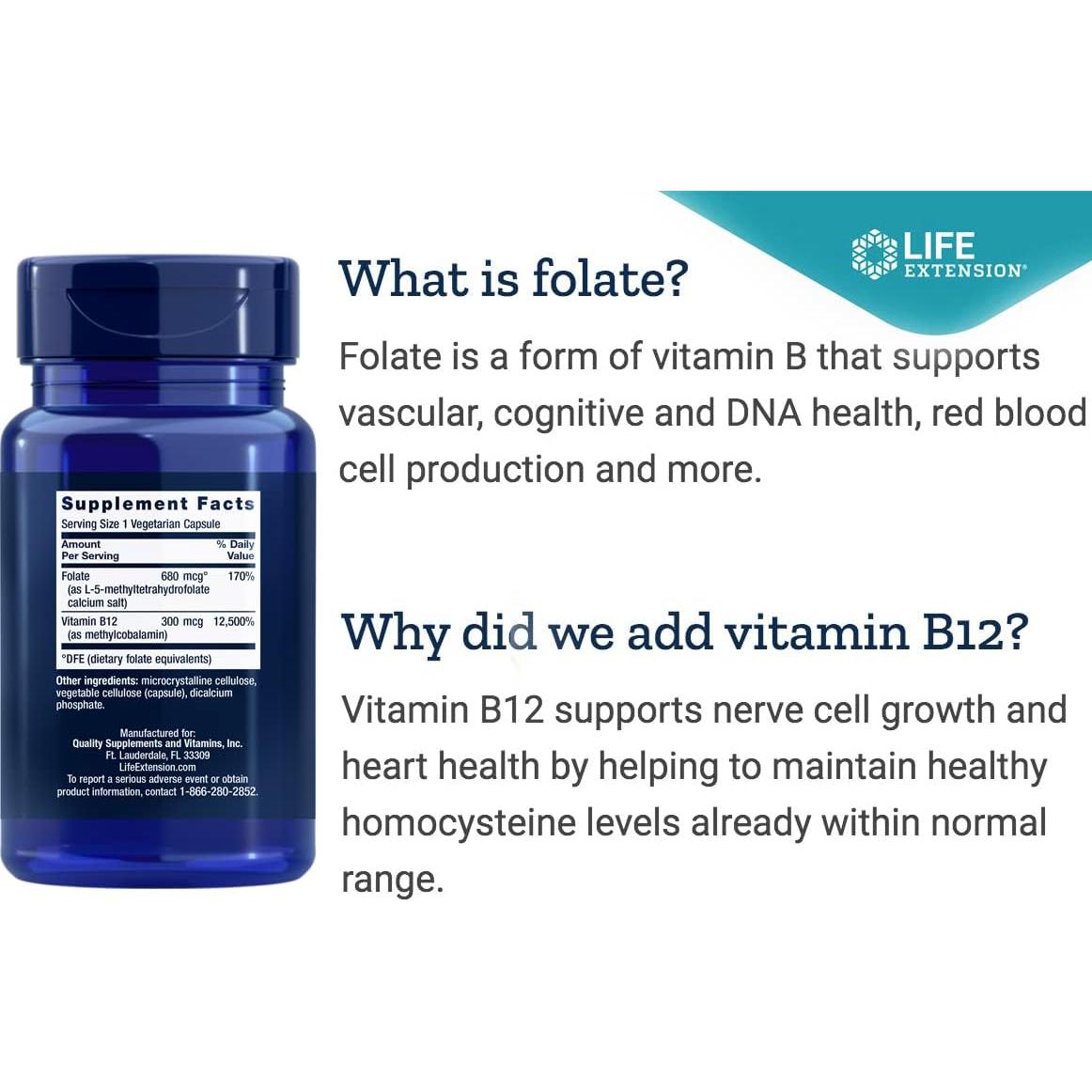 Suplemento de Folato Bioactivo y Vitamina B12 Life Extension, 150 Cápsulas Vegetarianas