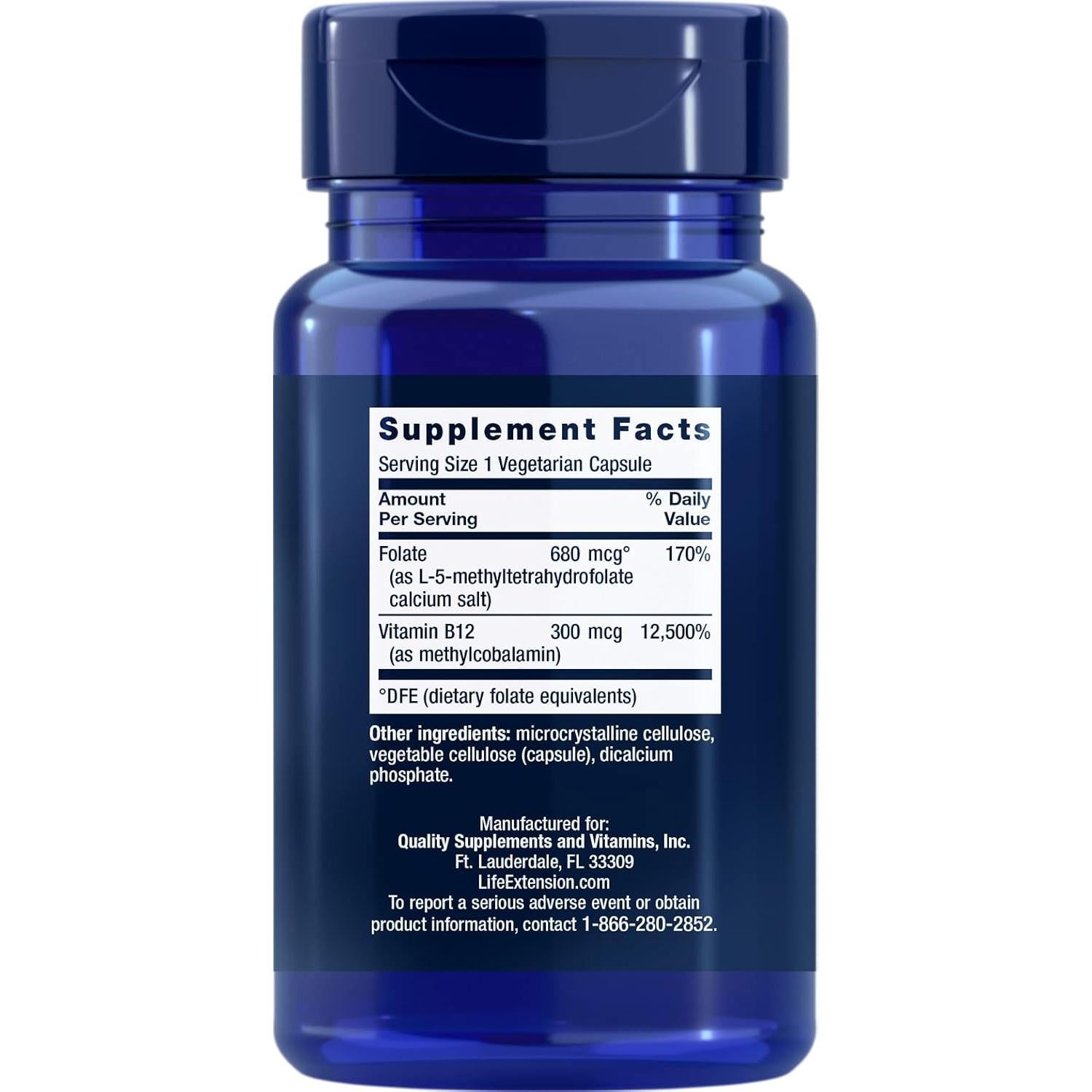 Suplemento de Folato Bioactivo y Vitamina B12 Life Extension, 150 Cápsulas Vegetarianas