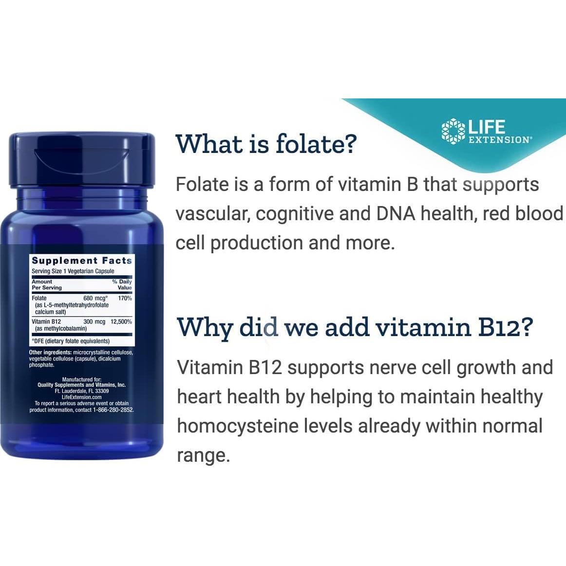 Life Extension BioActivo Folato y Vitamina B12 150 Cápsulas