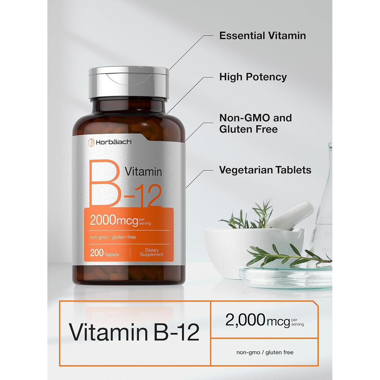 Suplemento de Vitamina B12 Horbäach 2000 mcg 200 Tabletas Vegetarianas