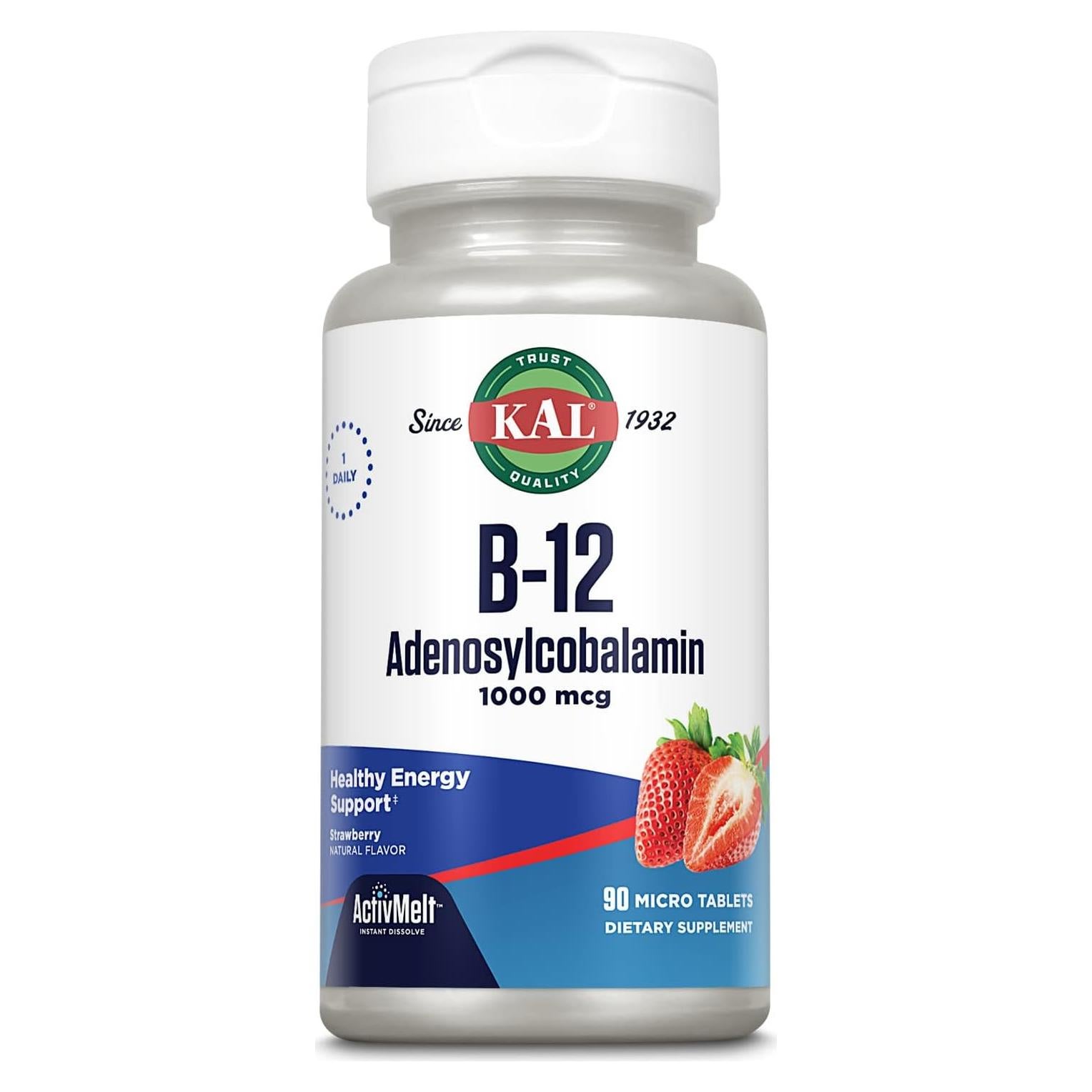 KAL Vitamina B12 Adenosilcobalamina 1000 mcg Sabor Fresa - 90 Tabletas
