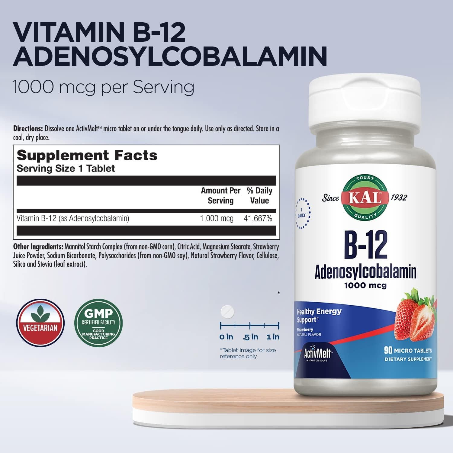 KAL Vitamina B12 Adenosilcobalamina 1000 mcg Sabor Fresa - 90 Tabletas