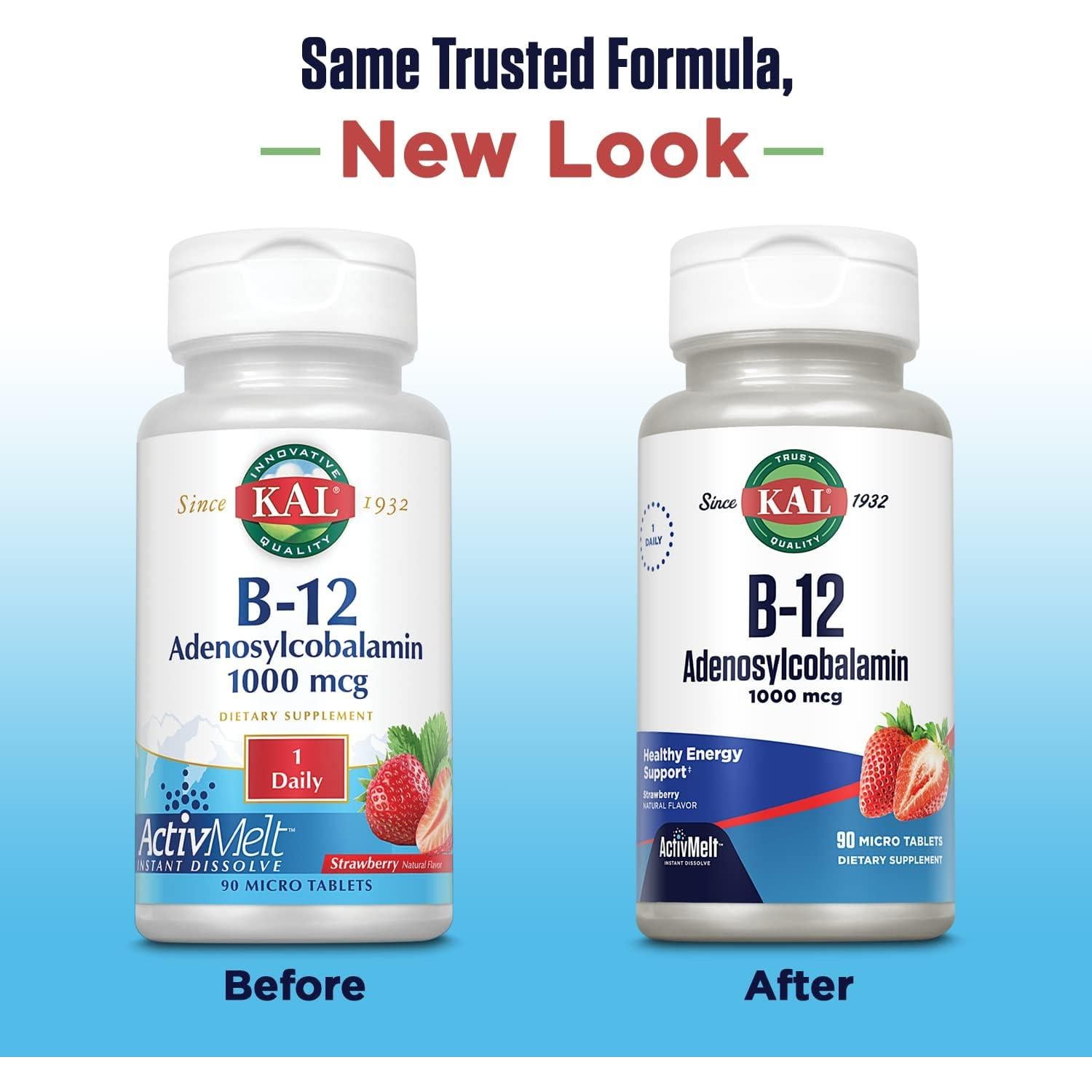 KAL Vitamina B12 Adenosilcobalamina 1000 mcg Sabor Fresa - 90 Tabletas