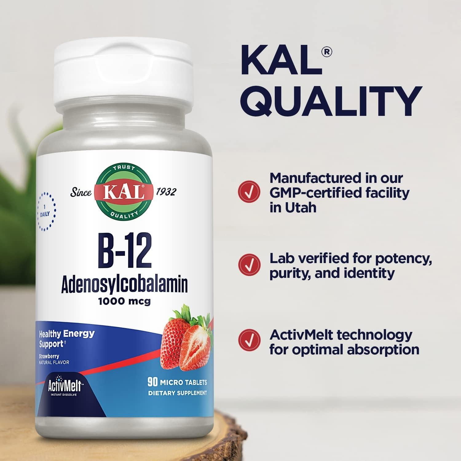 KAL Vitamina B12 Adenosilcobalamina 1000 mcg Sabor Fresa - 90 Tabletas