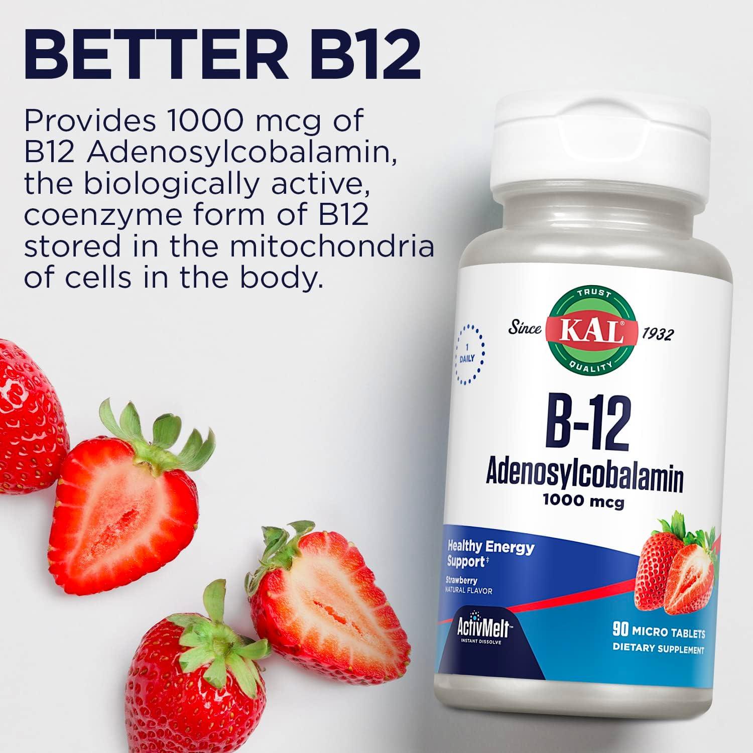 KAL Vitamina B12 Adenosilcobalamina 1000 mcg Sabor Fresa - 90 Tabletas