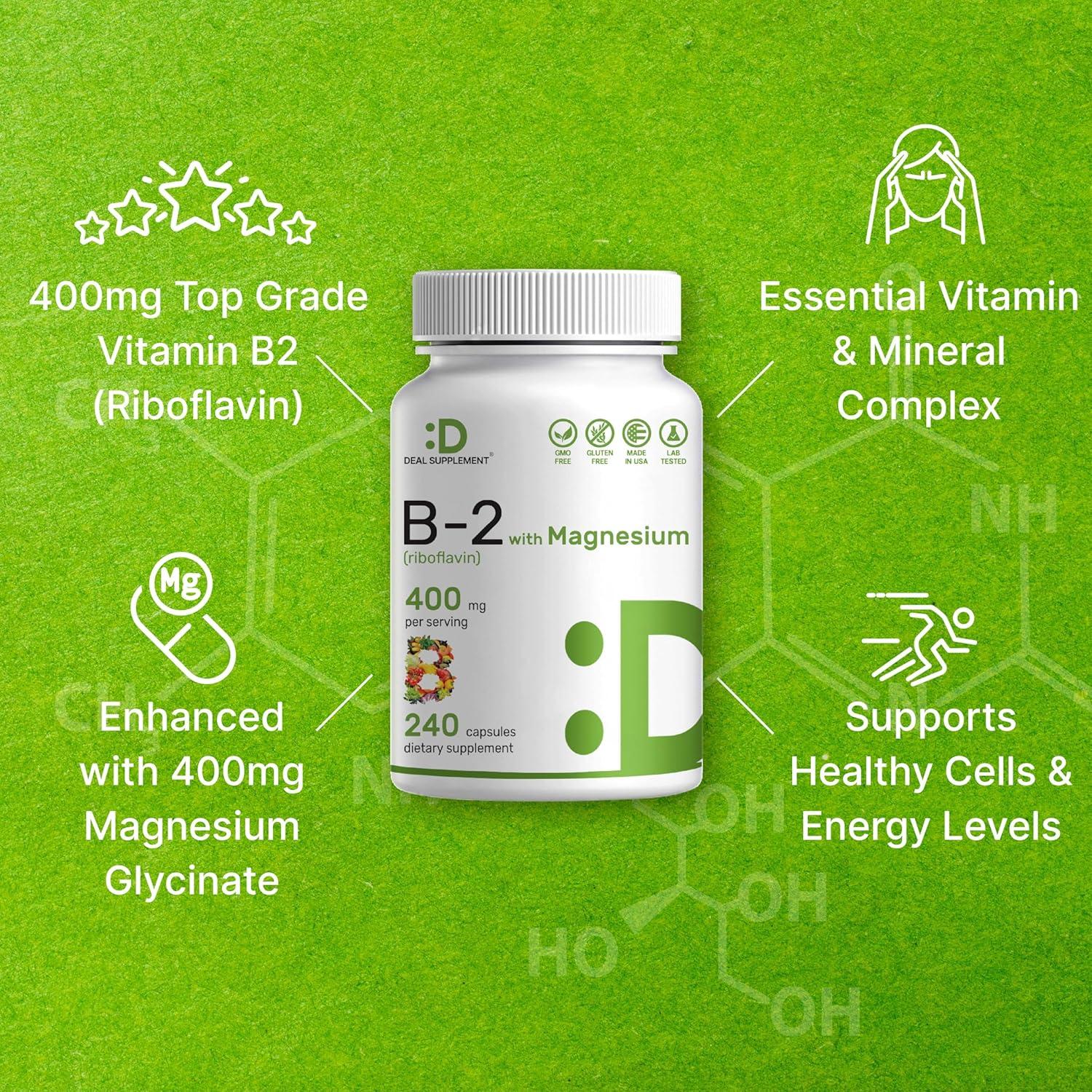 Suplemento Deal Vitamina B2 400mg + Glicinato de Magnesio 400mg - 240 Cápsulas