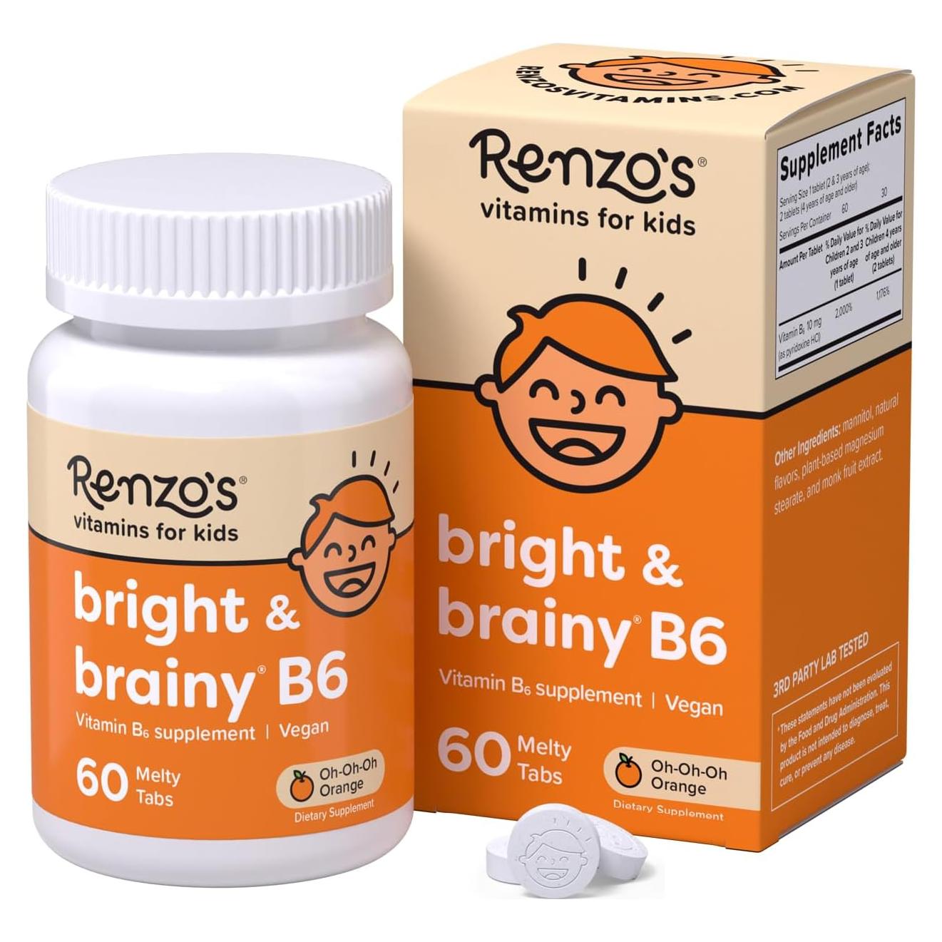 Vitamina B6 Melty Renzo para Niños 60 Tabletas Sabor Naranja