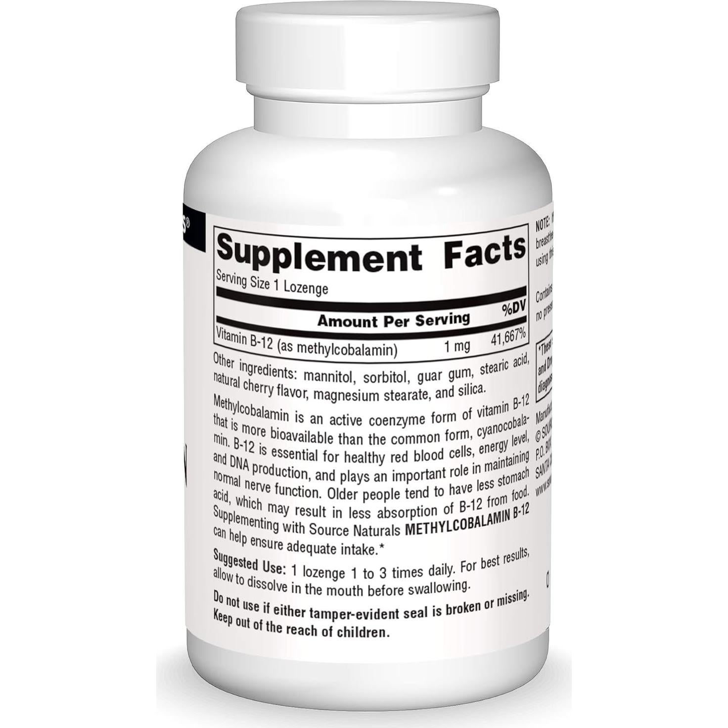 Suplemento de Vitamina B12 Metilcobalamina Source Naturals 60 Tabletas