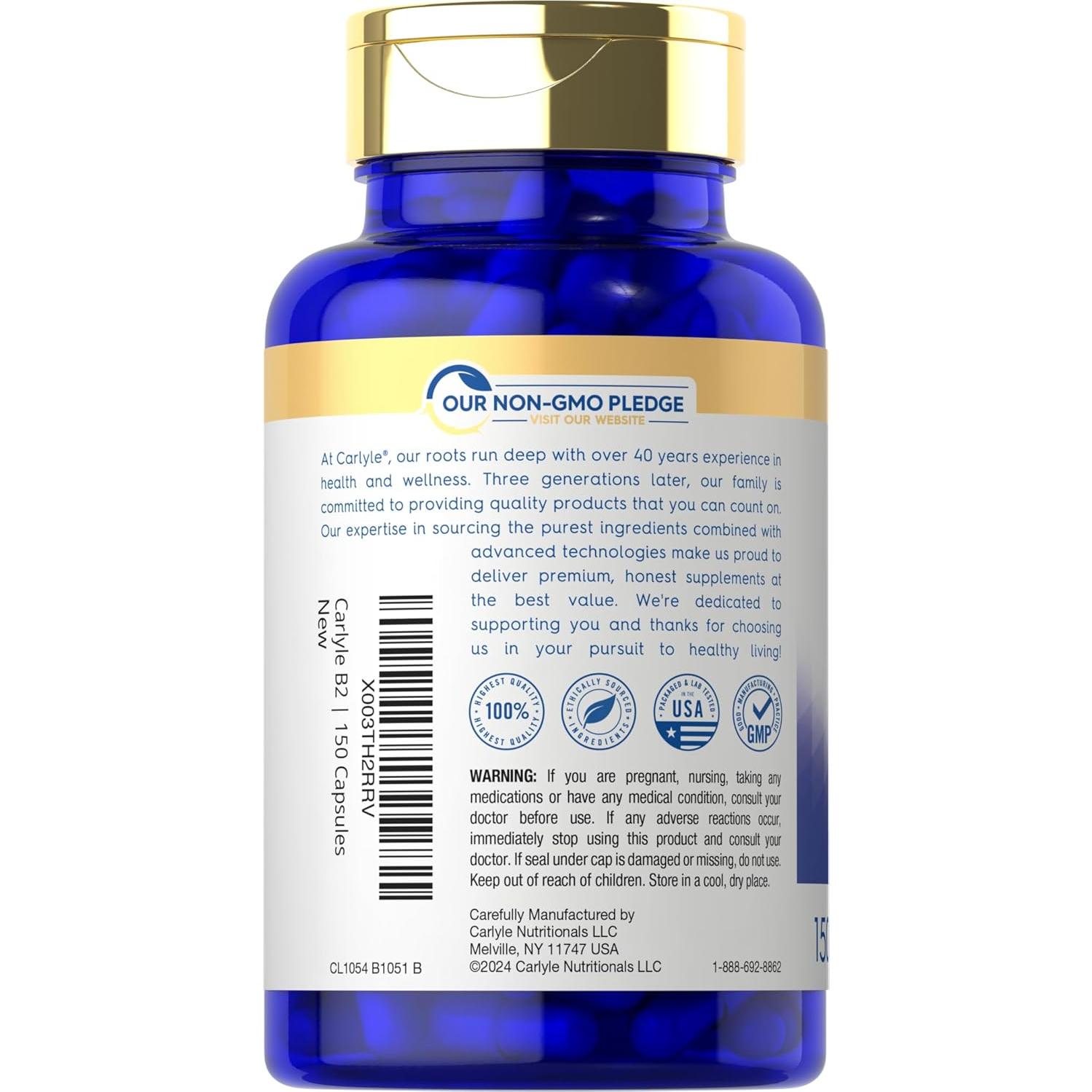 Vitamina B2 Carlyle 200mg Riboflavina 150 Cápsulas Vegetariano