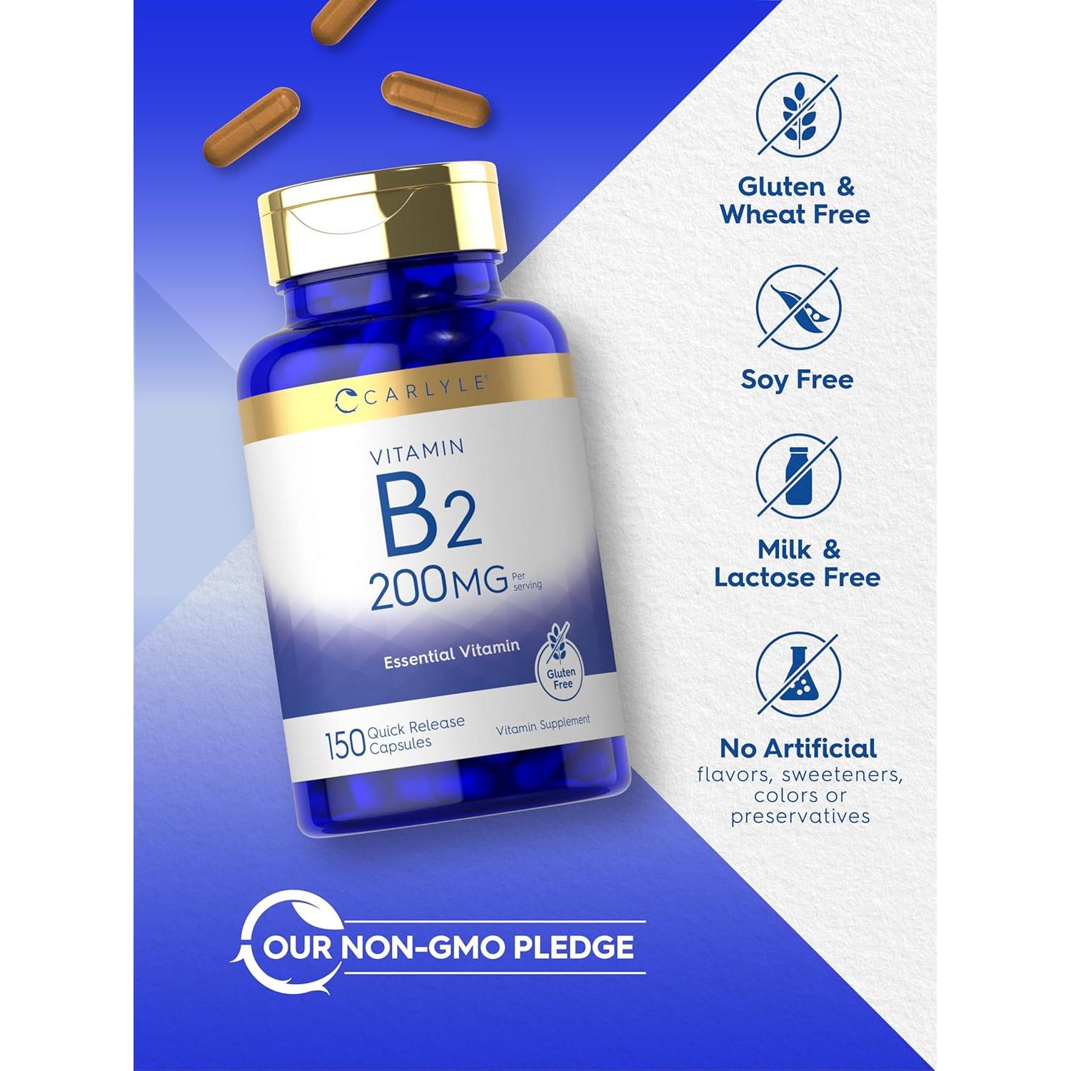 Vitamina B2 Carlyle 200mg Riboflavina 150 Cápsulas Vegetariano