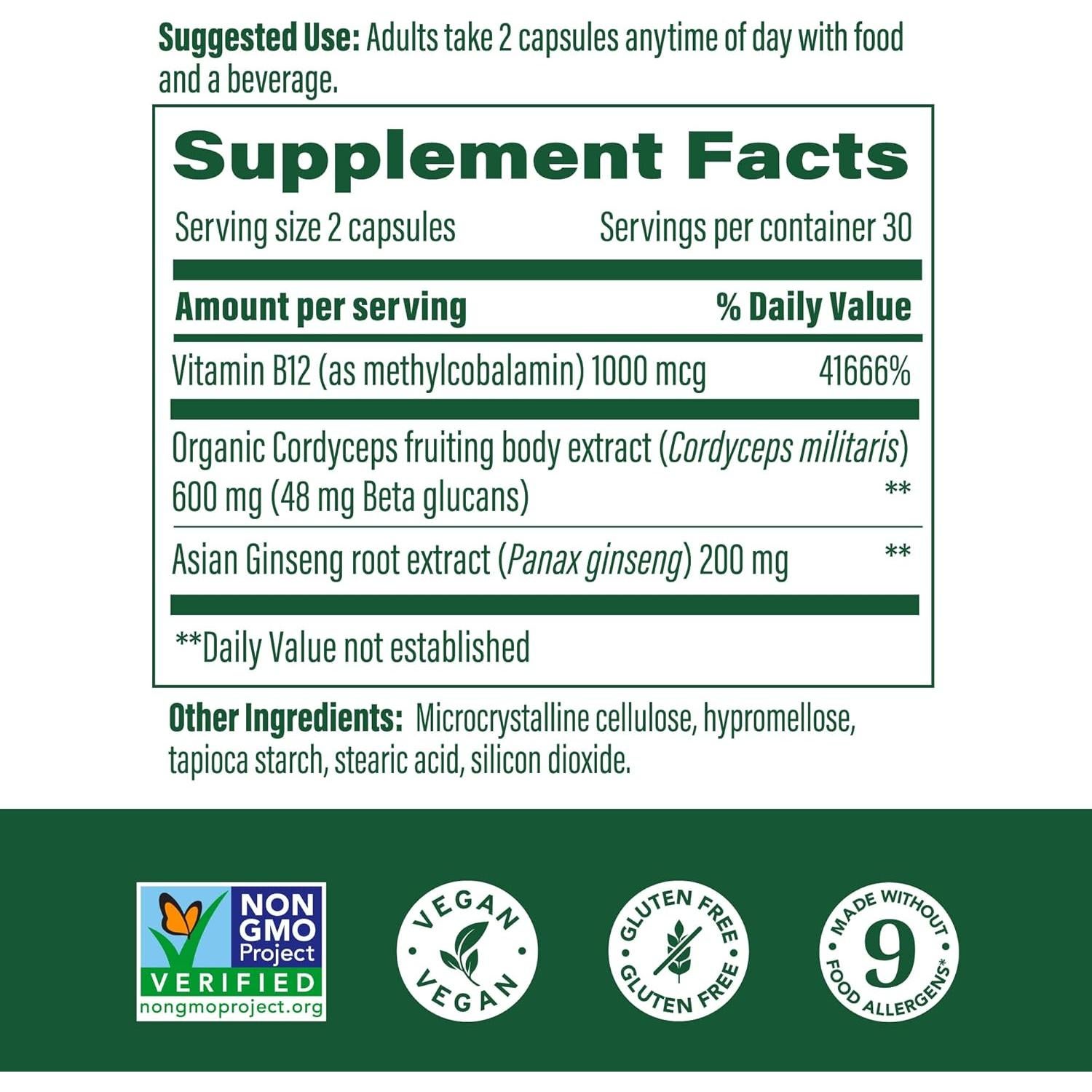 Suplemento Energético MegaFood Cordyceps y Ginseng - 60 Cápsulas