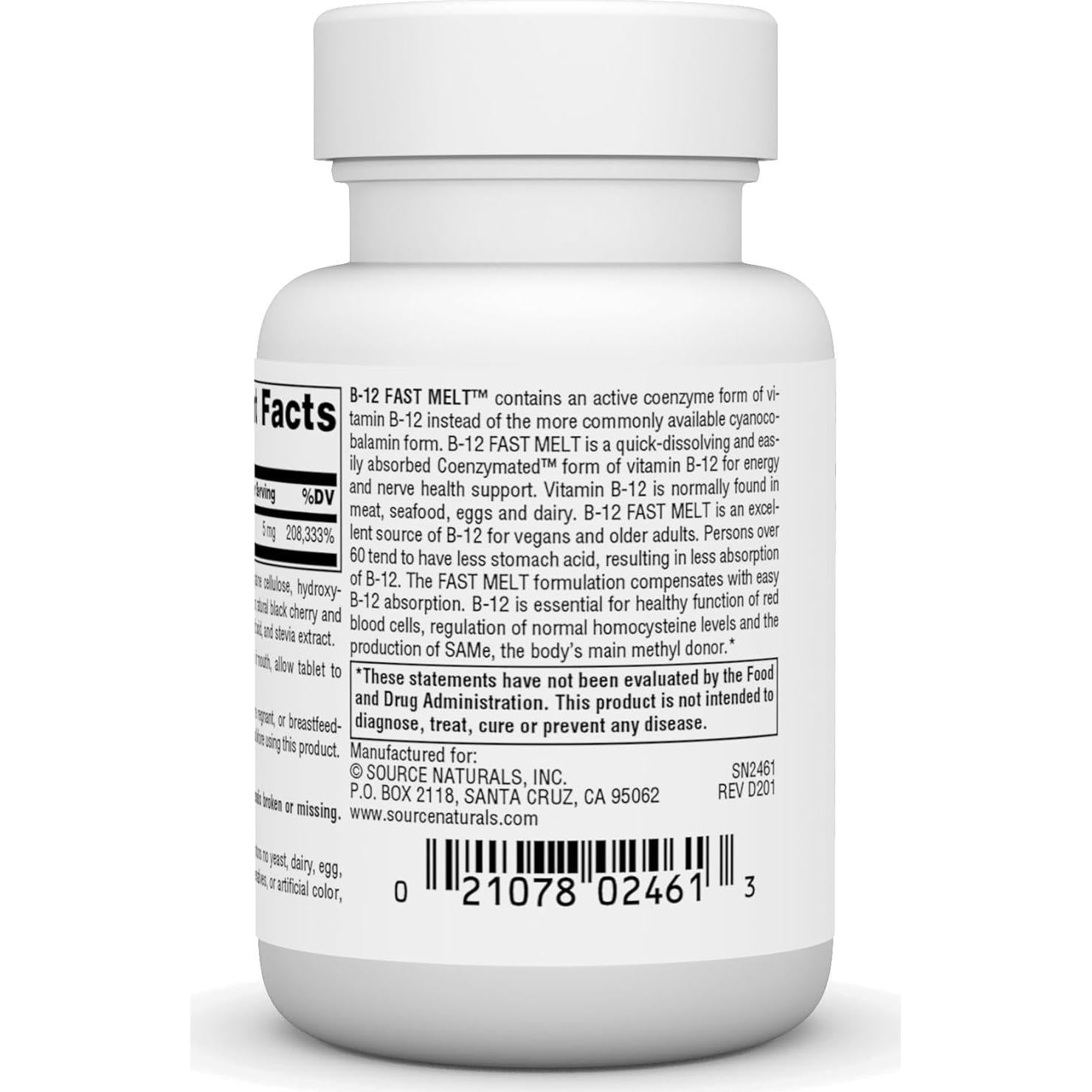 Vitamina B-12 Source Naturals 5 mg Vegana Rápida Disolución 30 Tabletas