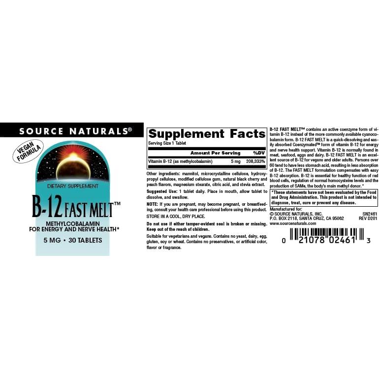 Vitamina B-12 Source Naturals 5 mg Vegana Rápida Disolución 30 Tabletas